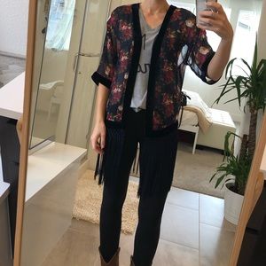 Floral Kimono with Fringe & velvet NWOT